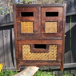 Vintage Wood & Woven Storage Cabinet – Japanese-Inspired, 3 Compartments